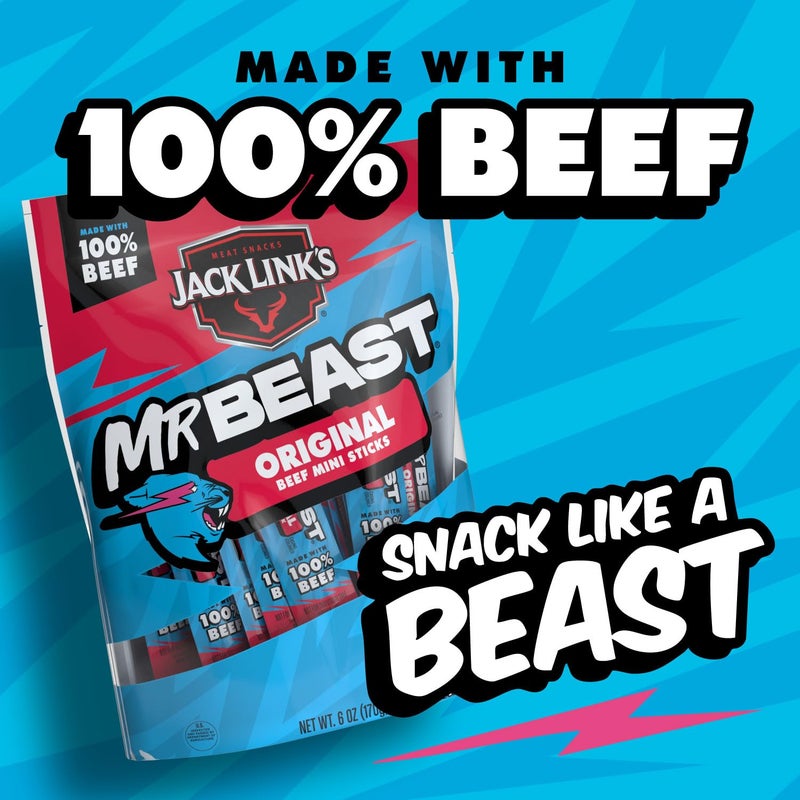 Jack Link's Jack Link’s x MrBeast Original Mini Beef Sticks - 6g Protein per 2 Individually Wrapped Meat Snacks, Made with 100% Real Beef, Pantry-Ready, Kids Snacks, Great Stocking Stuffers, 12 Count 0.5oz Sticks - Image 2